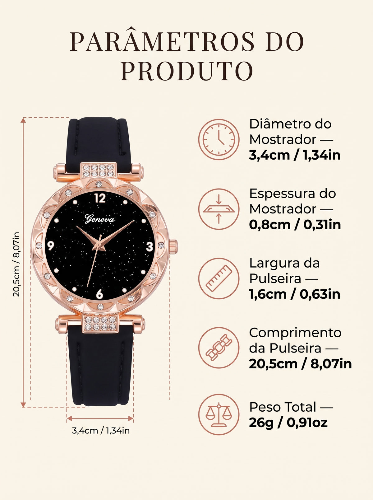 Relógio Luna Rose + Brindes (Colar, Brincos e Solitátia)